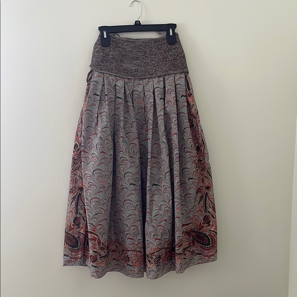 Ulla Johnson Gray and Pink Paisley A-Line Skirt with Knit Waistband